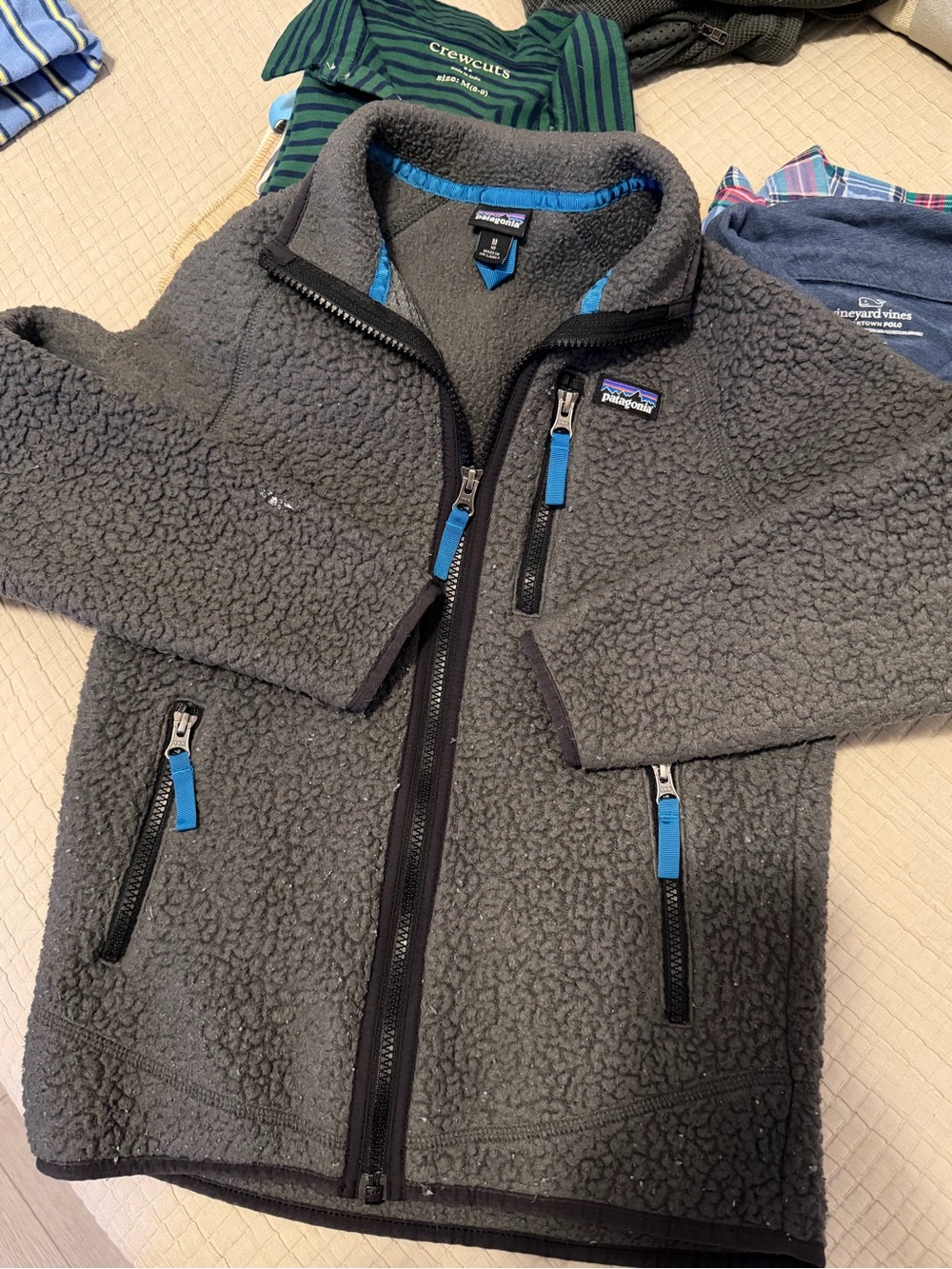 Patagonia Kids Gray Sherpa Fleece Jacket with Blue Zippers